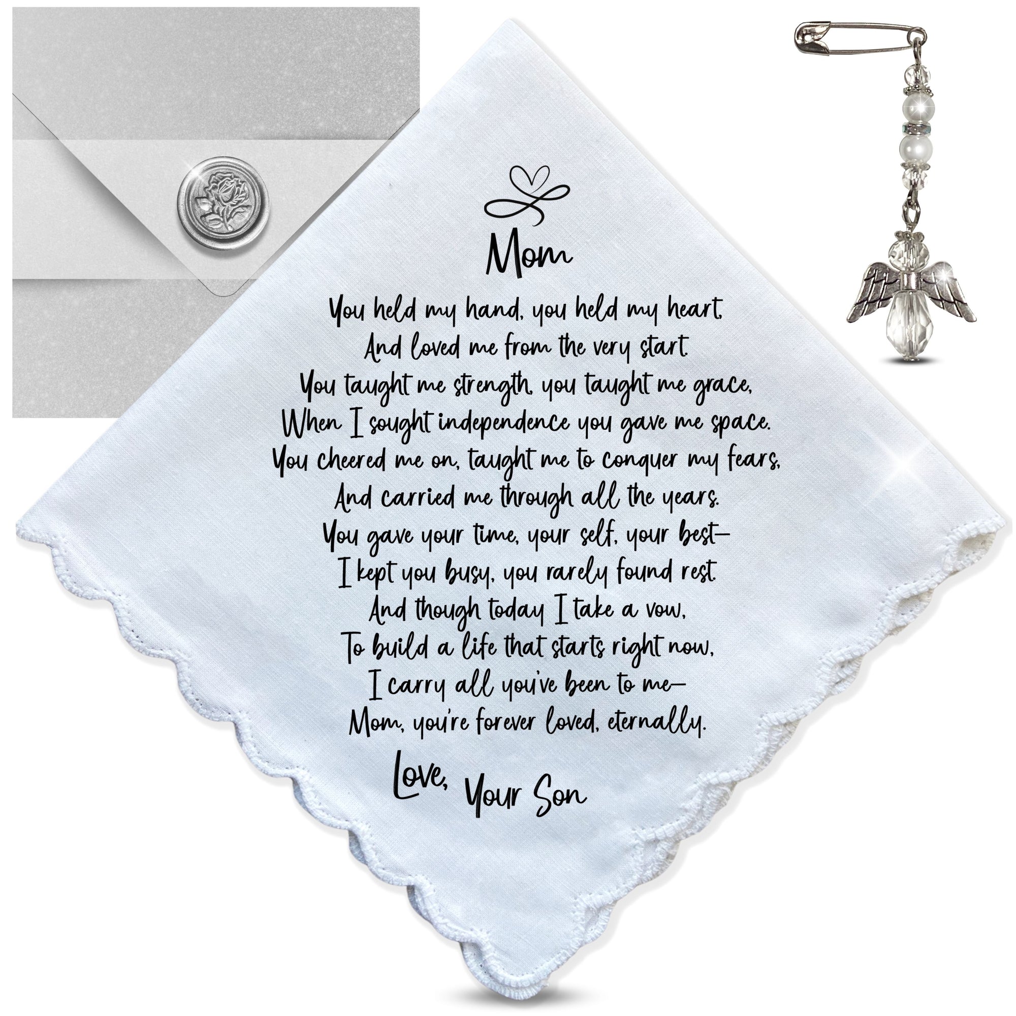 Wedding Handkerchief for Mom from Son | Mother of the Groom Keepsake Poem | Angel Charm & Card | Unique Sentimental Gift on Day of Ceremony