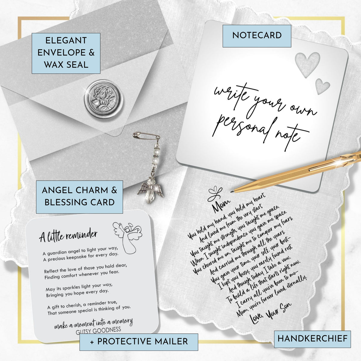 Wedding Handkerchief for Mom from Son | Mother of the Groom Keepsake Poem | Angel Charm & Card | Unique Sentimental Gift on Day of Ceremony