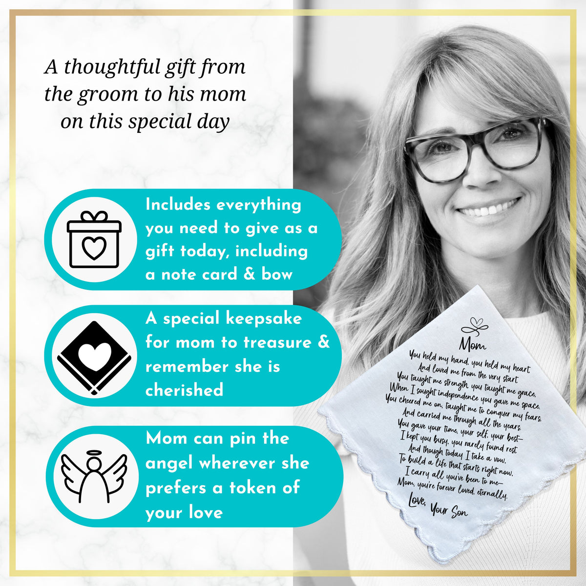 Wedding Handkerchief for Mom from Son | Mother of the Groom Keepsake Poem | Angel Charm & Card | Unique Sentimental Gift on Day of Ceremony