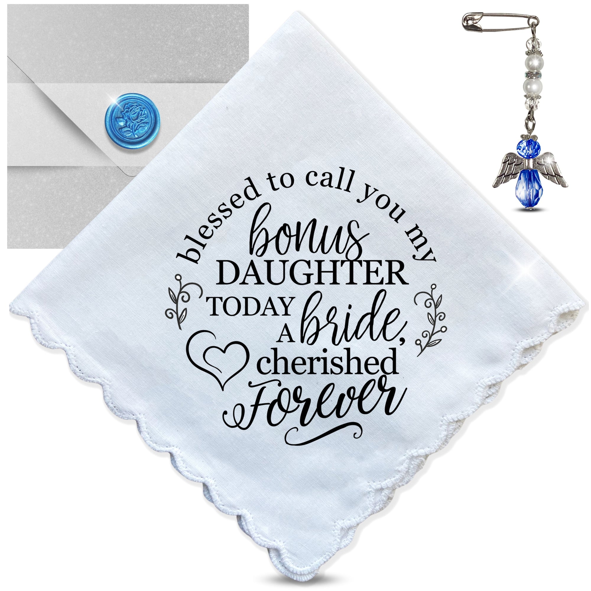 Bride Handkerchief from Mother in Law | Wedding Day Blessing to Daughter in Law | Something Blue Angel Charm & Elegant Wax-Sealed Envelope