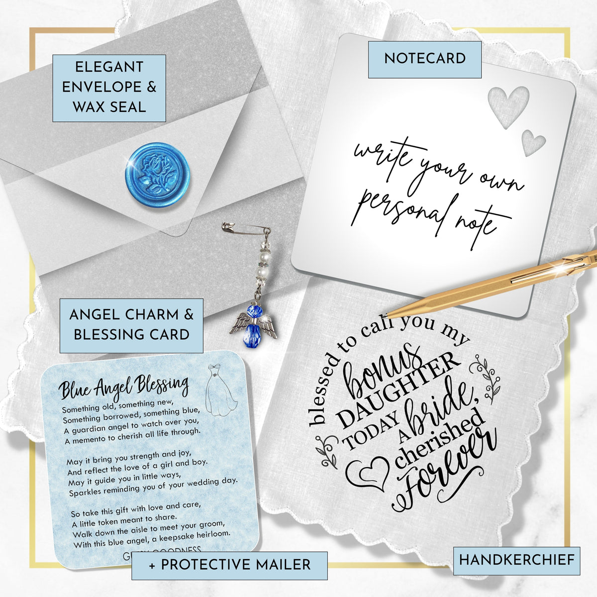 Bride Handkerchief from Mother in Law | Wedding Day Blessing to Daughter in Law | Something Blue Angel Charm & Elegant Wax-Sealed Envelope