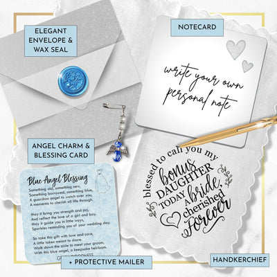 Bride Handkerchief from Mother in Law | Wedding Day Blessing to Daughter in Law | Something Blue Angel Charm & Elegant Wax-Sealed Envelope