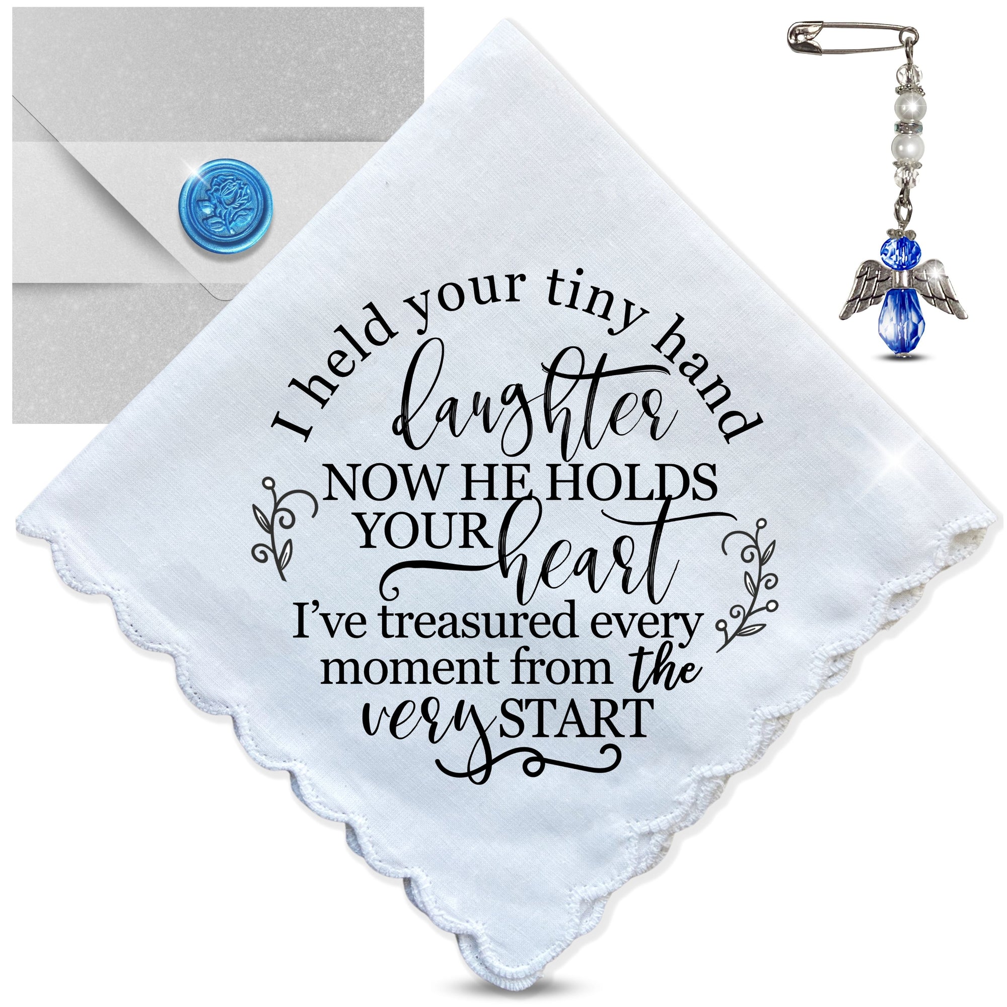 Bride Handkerchief from Mom or Dad to Daughter on Wedding Day | Sweet Held Your Tiny Hand Poem | Something Blue Angel Charm, Card & Envelope