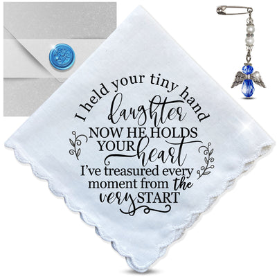 Bride Handkerchief from Mom or Dad to Daughter on Wedding Day | Sweet Held Your Tiny Hand Poem | Something Blue Angel Charm, Card & Envelope