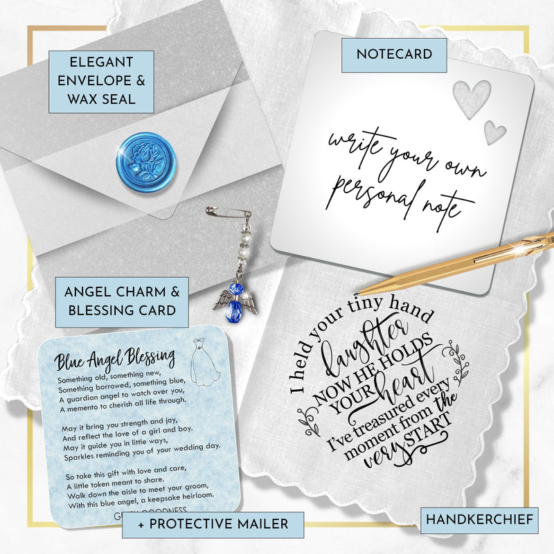 Bride Handkerchief from Mom or Dad to Daughter on Wedding Day | Sweet Held Your Tiny Hand Poem | Something Blue Angel Charm, Card & Envelope