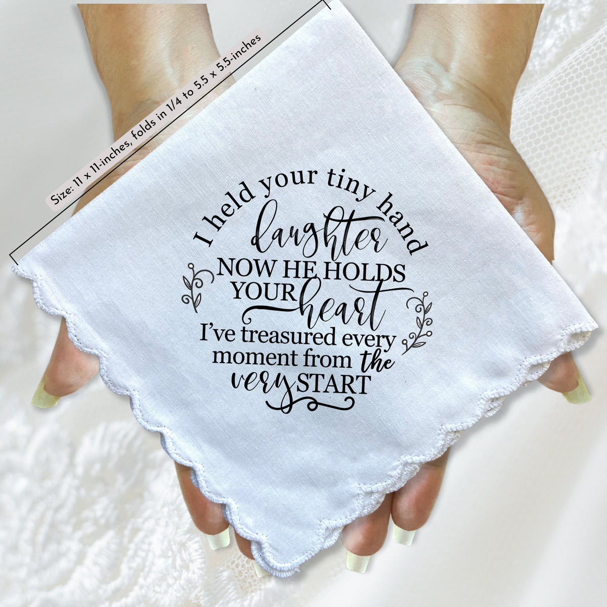 Bride Handkerchief from Mom or Dad to Daughter on Wedding Day | Sweet Held Your Tiny Hand Poem | Something Blue Angel Charm, Card & Envelope