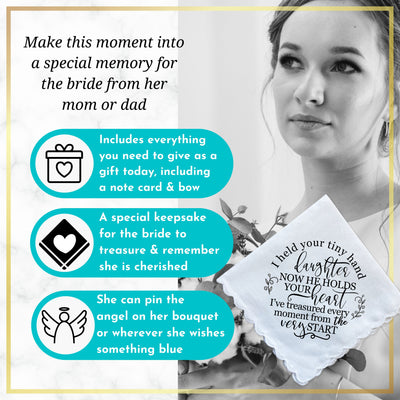 Bride Handkerchief from Mom or Dad to Daughter on Wedding Day | Sweet Held Your Tiny Hand Poem | Something Blue Angel Charm, Card & Envelope