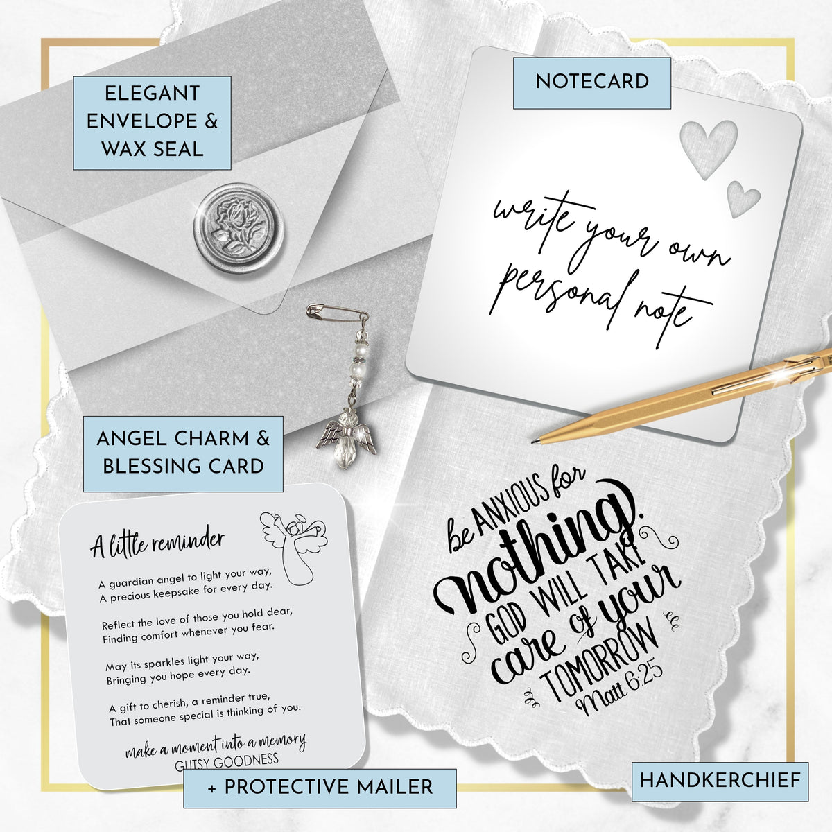 Do Not Be Anxious Thinking of You Handkerchief | Encouragement Christian Bible Support Quote Gift for Friend | Angel Charm, Card, Envelope