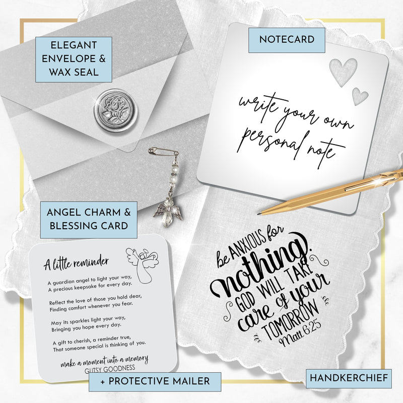 Do Not Be Anxious Thinking of You Handkerchief | Encouragement Christian Bible Support Quote Gift for Friend | Angel Charm, Card, Envelope