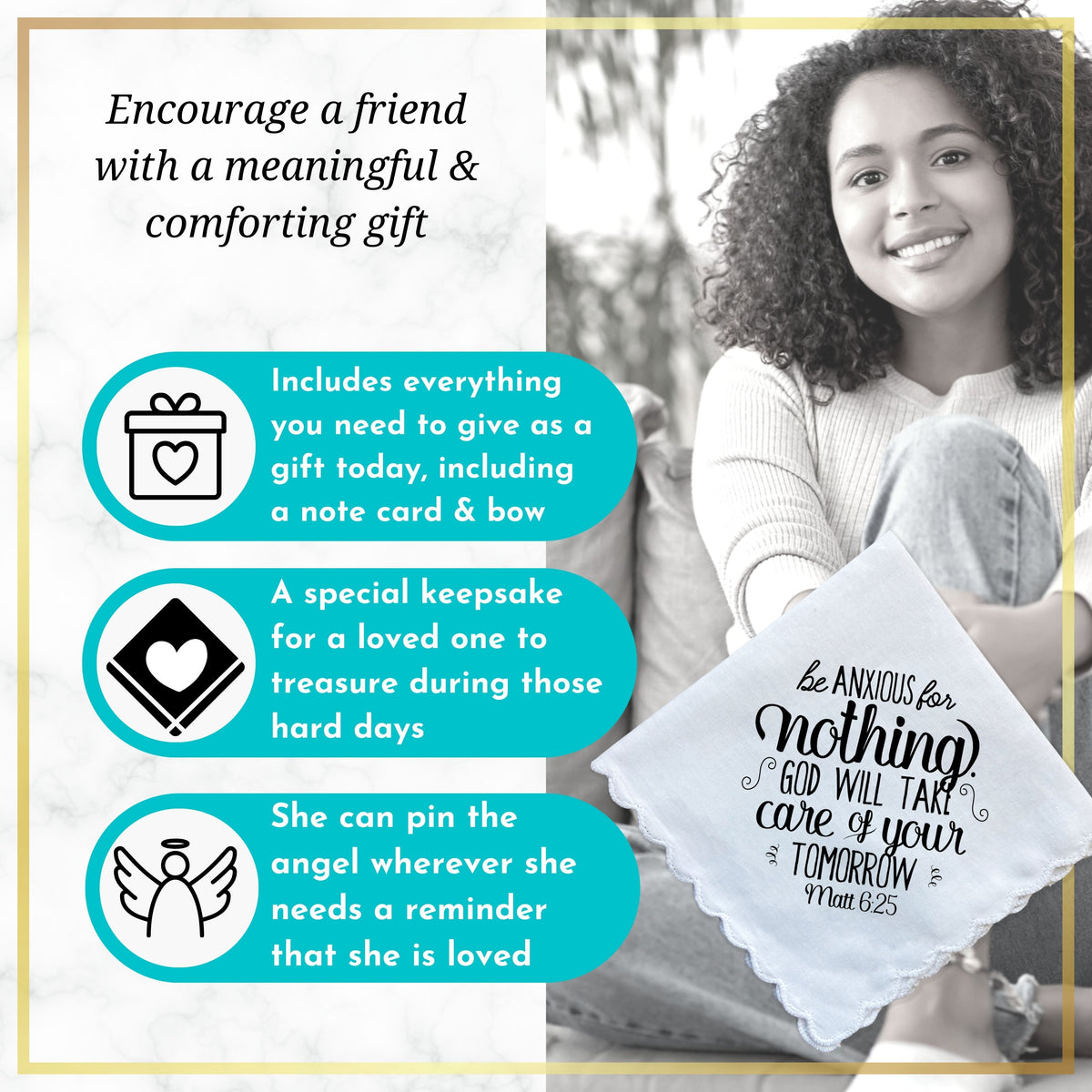 Do Not Be Anxious Thinking of You Handkerchief | Encouragement Christian Bible Support Quote Gift for Friend | Angel Charm, Card, Envelope