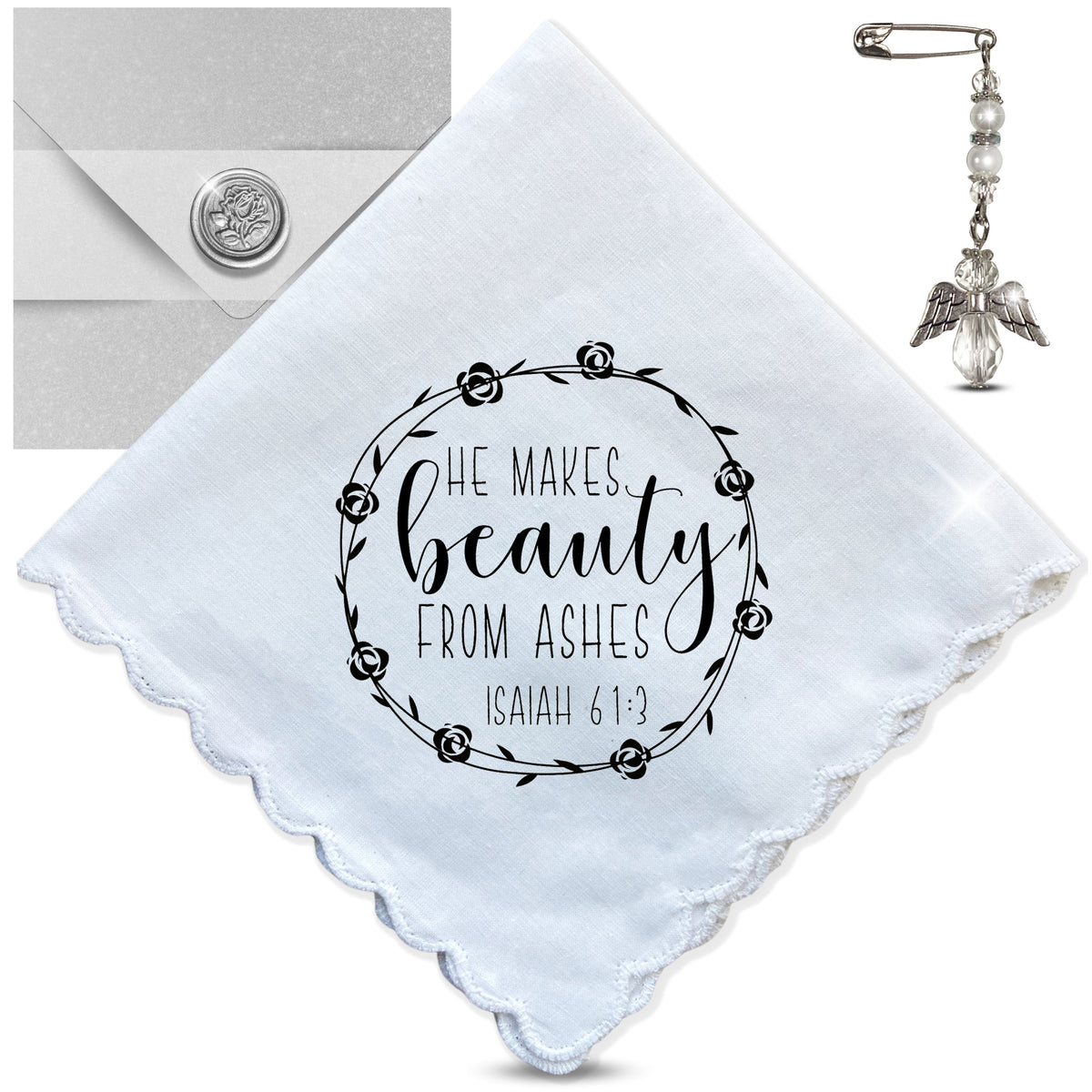 He Makes Beauty From Ashes Thinking of You Handkerchief | Bible Verse Christian Encouragement Gift for Friend | Angel Charm Card & Envelope