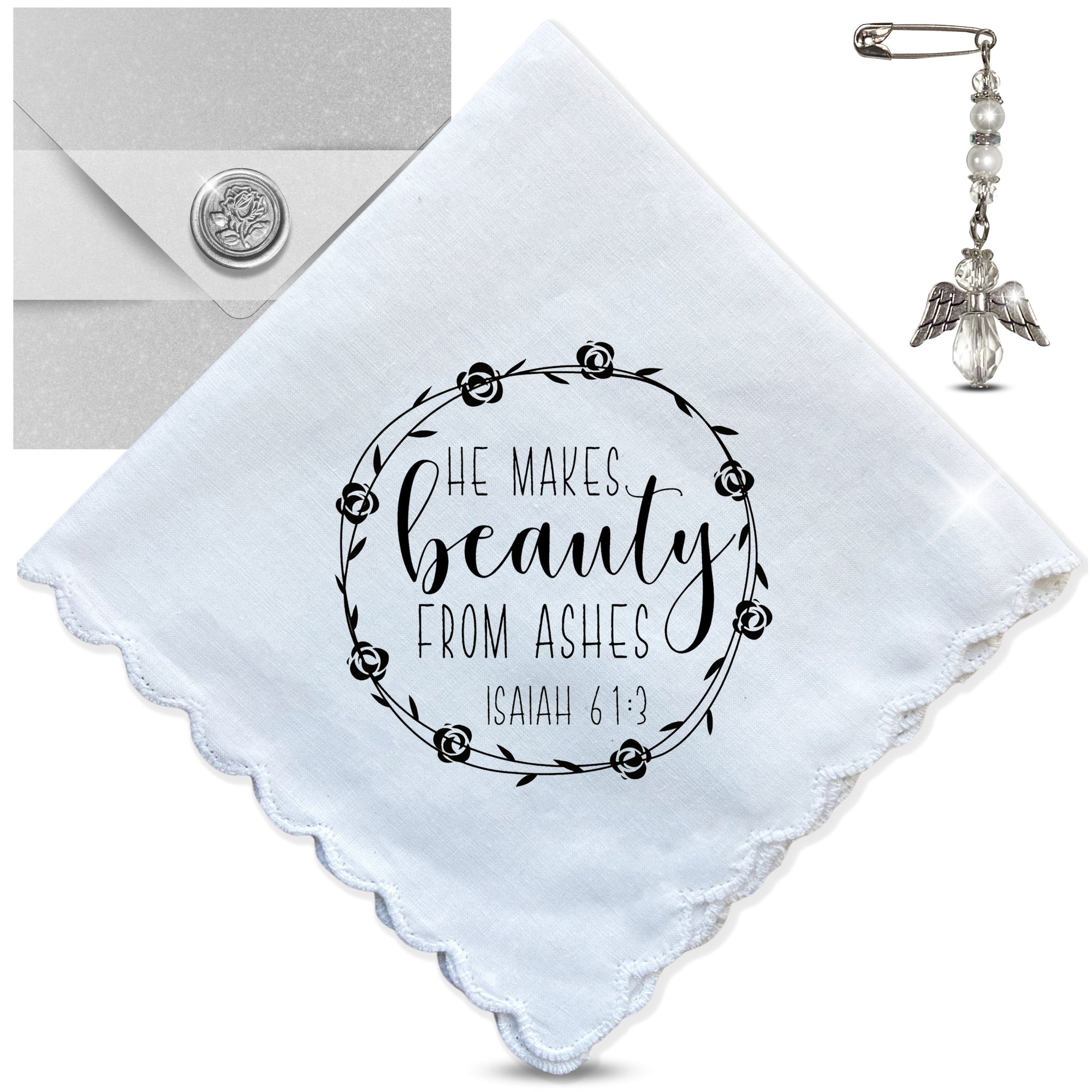 He Makes Beauty From Ashes Thinking of You Handkerchief | Bible Verse Christian Encouragement Gift for Friend | Angel Charm Card & Envelope