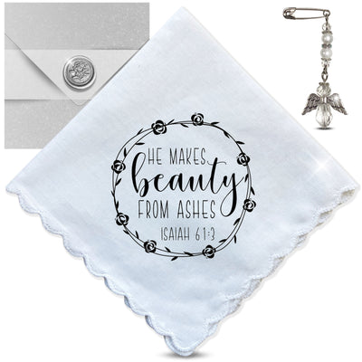 He Makes Beauty From Ashes Thinking of You Handkerchief | Bible Verse Christian Encouragement Gift for Friend | Angel Charm Card & Envelope