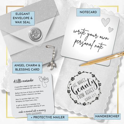 He Makes Beauty From Ashes Thinking of You Handkerchief | Bible Verse Christian Encouragement Gift for Friend | Angel Charm Card & Envelope