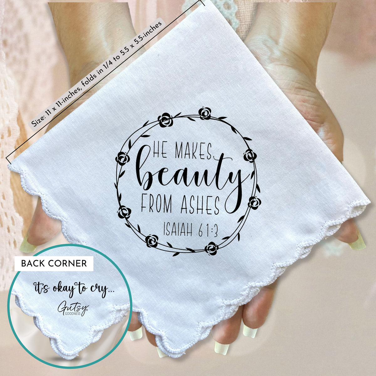 He Makes Beauty From Ashes Thinking of You Handkerchief | Bible Verse Christian Encouragement Gift for Friend | Angel Charm Card & Envelope