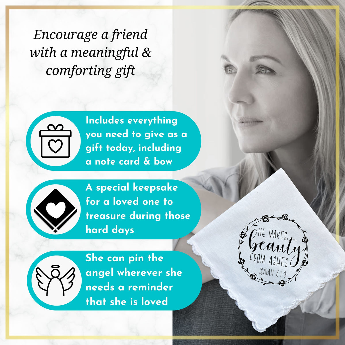 He Makes Beauty From Ashes Thinking of You Handkerchief | Bible Verse Christian Encouragement Gift for Friend | Angel Charm Card & Envelope