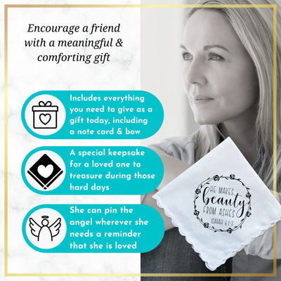 He Makes Beauty From Ashes Thinking of You Handkerchief | Bible Verse Christian Encouragement Gift for Friend | Angel Charm Card & Envelope