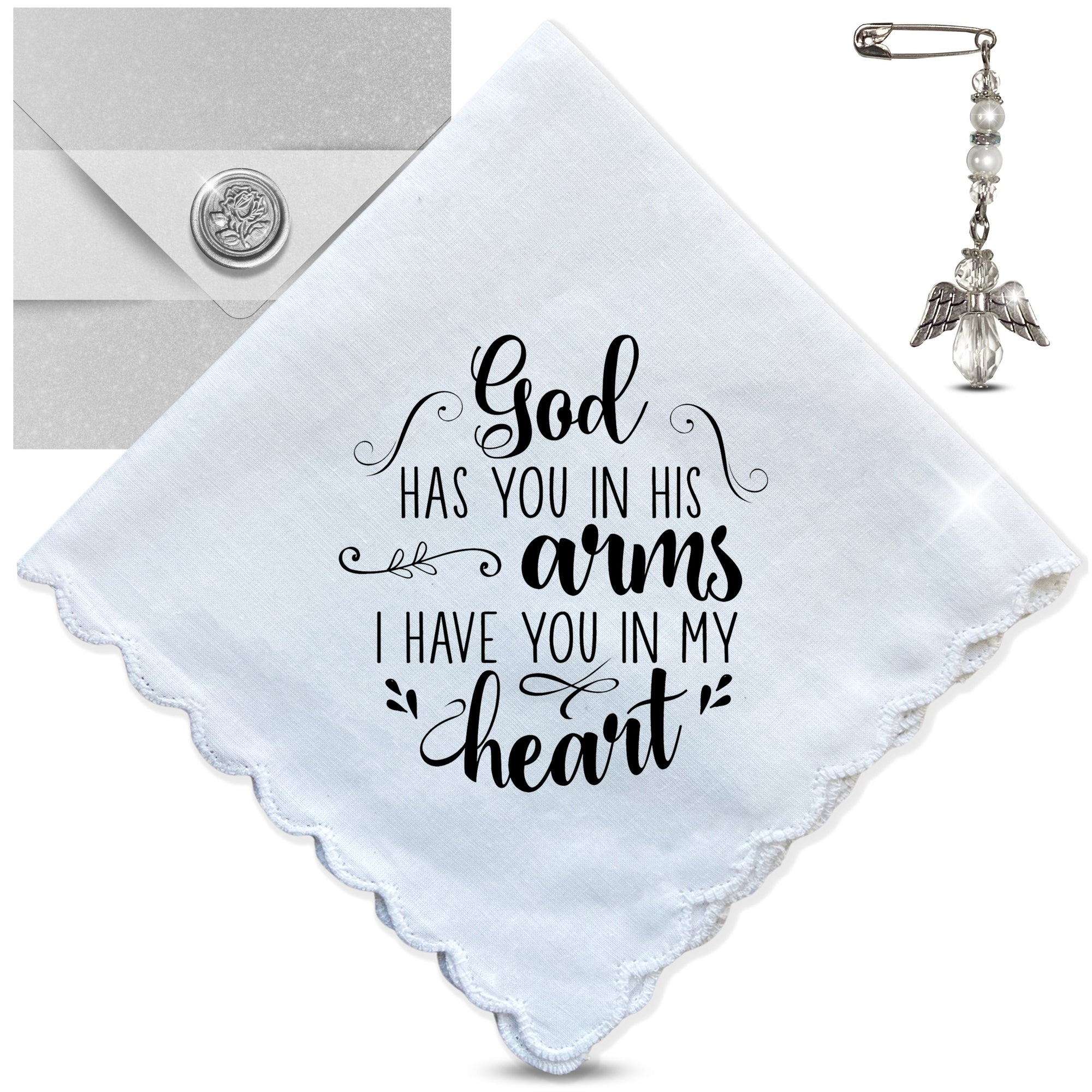 Sympathy Gift Handkerchief Grieving Loss | God Has You in Arms Quote Hanky | Religious Keepsake with Angel Charm Card & Wax-Sealed Envelope
