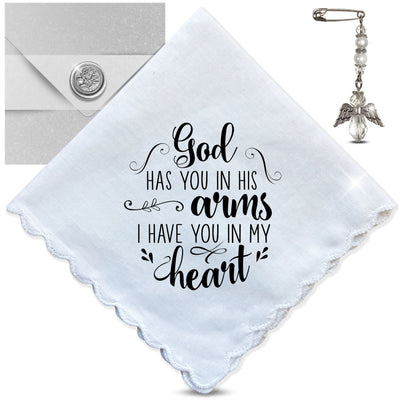 Sympathy Gift Handkerchief Grieving Loss | God Has You in Arms Quote Hanky | Religious Keepsake with Angel Charm Card & Wax-Sealed Envelope