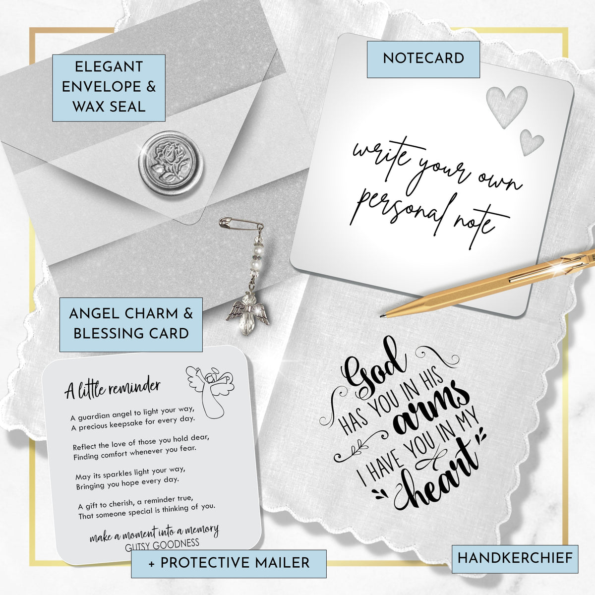 Sympathy Gift Handkerchief Grieving Loss | God Has You in Arms Quote Hanky | Religious Keepsake with Angel Charm Card & Wax-Sealed Envelope