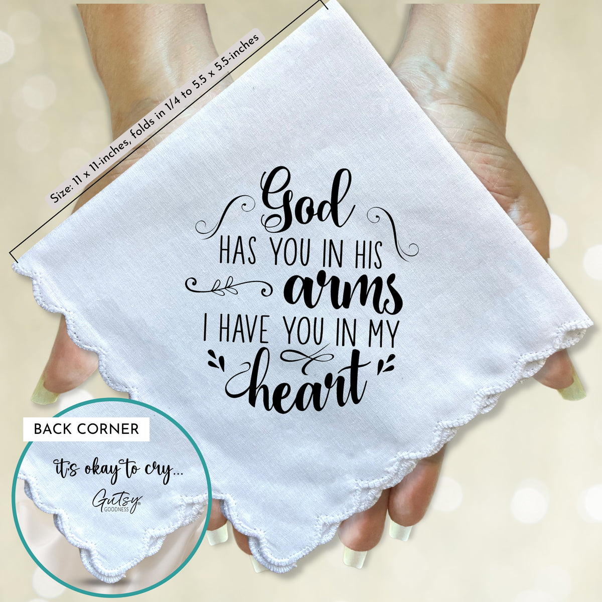 Sympathy Gift Handkerchief Grieving Loss | God Has You in Arms Quote Hanky | Religious Keepsake with Angel Charm Card & Wax-Sealed Envelope