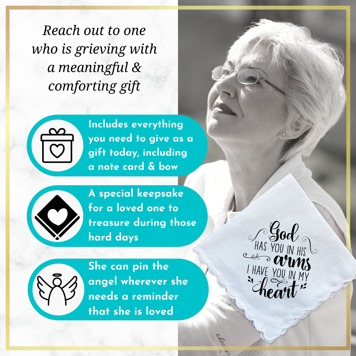 Sympathy Gift Handkerchief Grieving Loss | God Has You in Arms Quote Hanky | Religious Keepsake with Angel Charm Card & Wax-Sealed Envelope