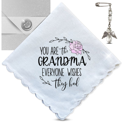 You Are the Grandma Everyone Wishes They Had Handkerchief | Birthday, Mother’s Day, or Holiday Gift | Keepsake Hanky + Angel, Card, Envelope