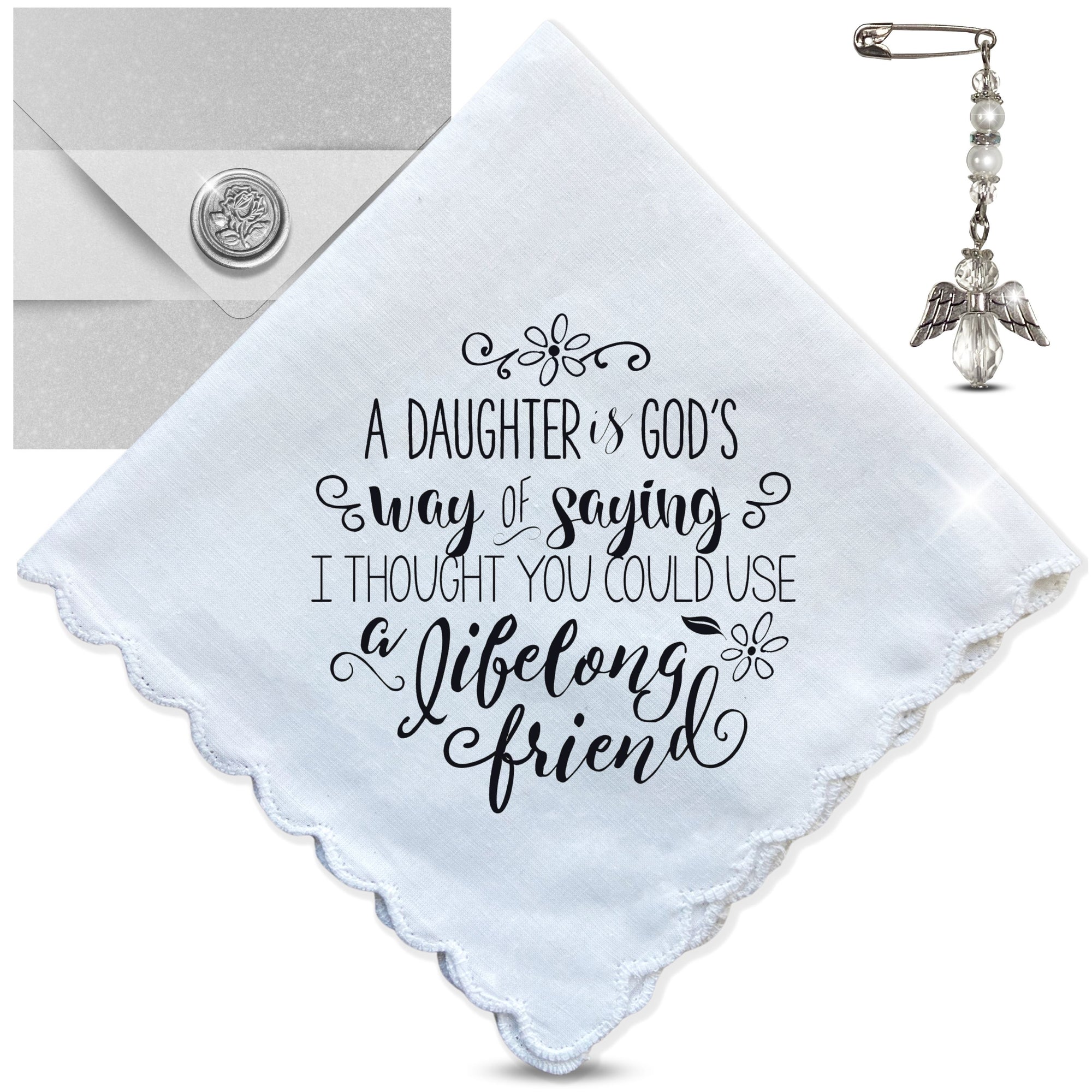 Daughter Handkerchief from Mother God's Way and Mom's Friend Poem Faith Gift with Angel Charm Card & Wax-Sealed Envelope