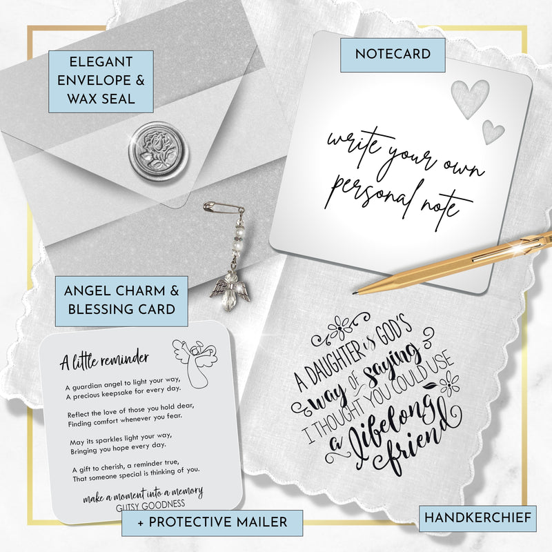 Daughter Handkerchief from Mother God's Way and Mom's Friend Poem Faith Gift with Angel Charm Card & Wax-Sealed Envelope