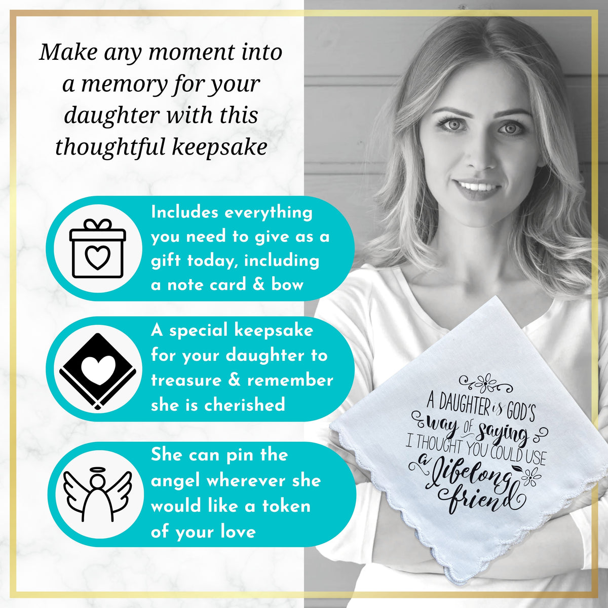 Daughter Handkerchief from Mother God's Way and Mom's Friend Poem Faith Gift with Angel Charm Card & Wax-Sealed Envelope