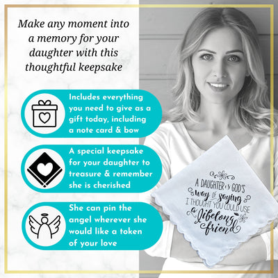 Daughter Handkerchief from Mother God's Way and Mom's Friend Poem Faith Gift with Angel Charm Card & Wax-Sealed Envelope