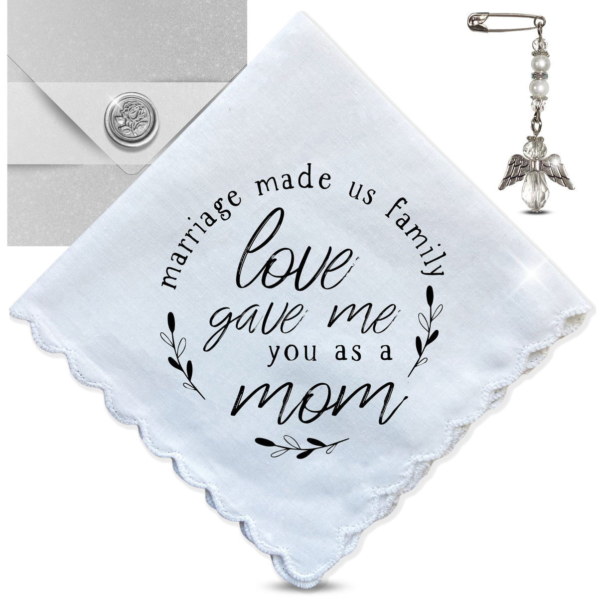 Mother-in-Law Gift Handkerchief | Poem Hanky + Clear Angel Charm | Keepsake Card & Envelope