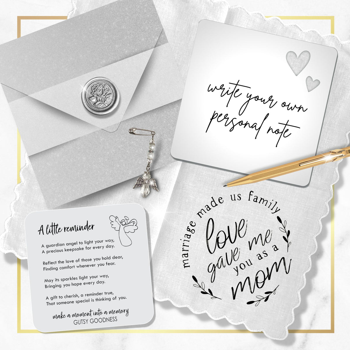 Mother-in-Law Gift Handkerchief | Poem Hanky + Clear Angel Charm | Keepsake Card & Envelope