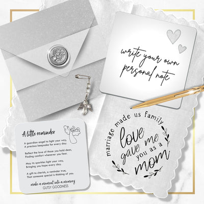 Mother-in-Law Gift Handkerchief | Poem Hanky + Clear Angel Charm | Keepsake Card & Envelope