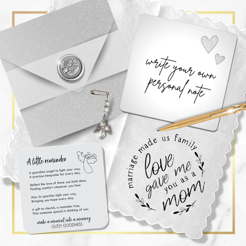 Mother-in-Law Gift Handkerchief | Poem Hanky + Clear Angel Charm | Keepsake Card & Envelope