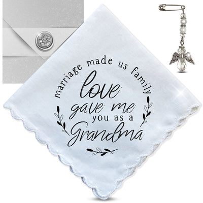 Gift for Grandma In Law Handkerchief | Marriage Made Us Family Poem | Hanky Wedding, Birthday, Mother’s Day Keepsake + Angel, Card, Envelope