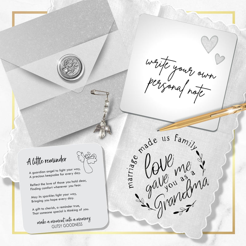 Gift for Grandma In Law Handkerchief | Marriage Made Us Family Poem | Hanky Wedding, Birthday, Mother’s Day Keepsake + Angel, Card, Envelope