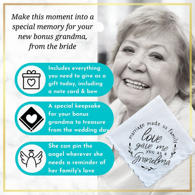 Gift for Grandma In Law Handkerchief | Marriage Made Us Family Poem | Hanky Wedding, Birthday, Mother’s Day Keepsake + Angel, Card, Envelope