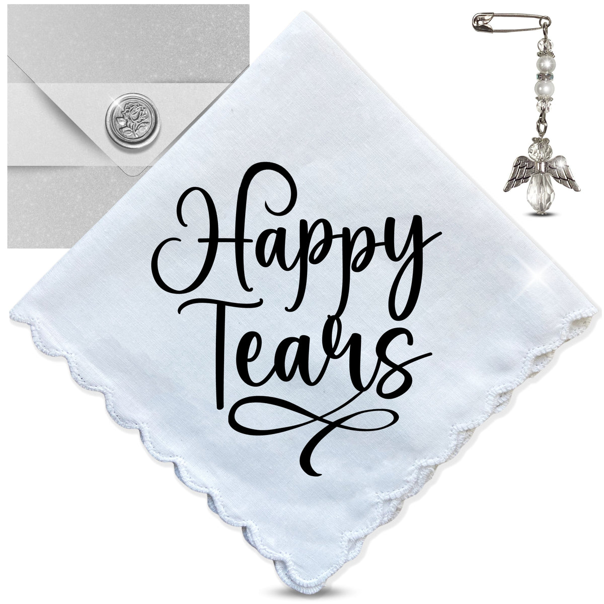Happy Tears Handkerchief Gift for Wedding, Baby Shower Celebrations | Angel Charm Card & Wax-Sealed Envelope | Mom Grandma Keepsake Favor
