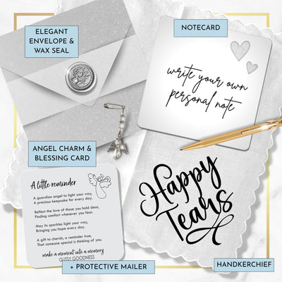 Happy Tears Handkerchief Gift for Wedding, Baby Shower Celebrations | Angel Charm Card & Wax-Sealed Envelope | Mom Grandma Keepsake Favor