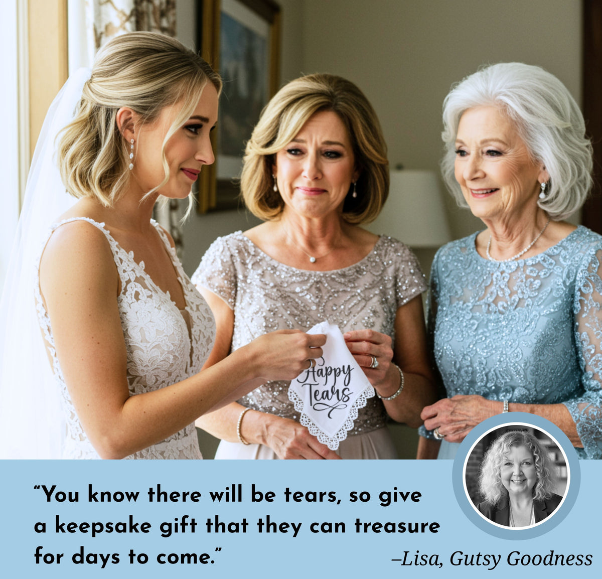 Happy Tears Handkerchief Gift for Wedding, Baby Shower Celebrations | Angel Charm Card & Wax-Sealed Envelope | Mom Grandma Keepsake Favor