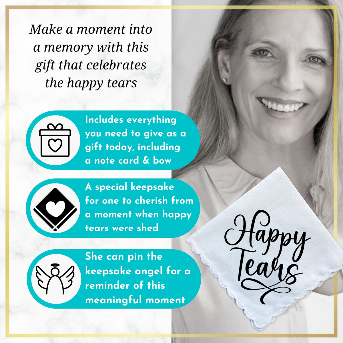 Happy Tears Handkerchief Gift for Wedding, Baby Shower Celebrations | Angel Charm Card & Wax-Sealed Envelope | Mom Grandma Keepsake Favor