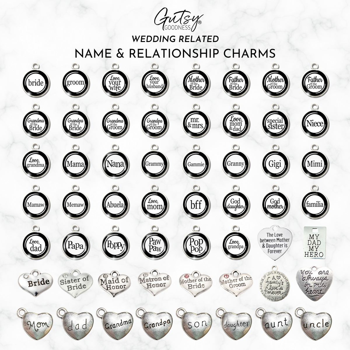 Wedding Name & Relationship Charms | Silver Tone Family Charms for Bouquet Jewelry, Keychain, or Gift | Bride, Groom, Mom, Dad, Grandparents