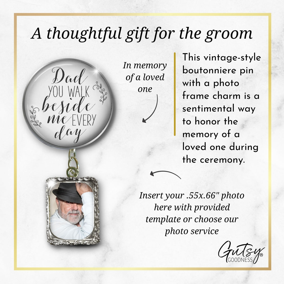 Groom's Boutonniere Pin Wedding Memorial Dad Father Beside Me Silver White Photo Picture Frame Charm