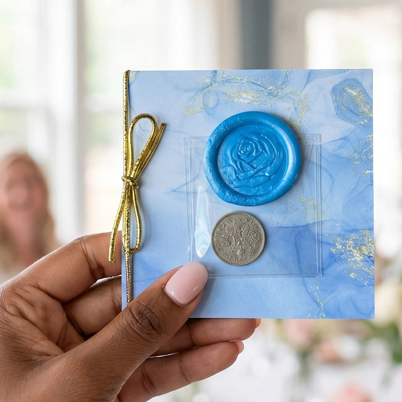 Hand holding a small blue card with a wax seal and british sixpence wedding tradition coin, bridal shower background