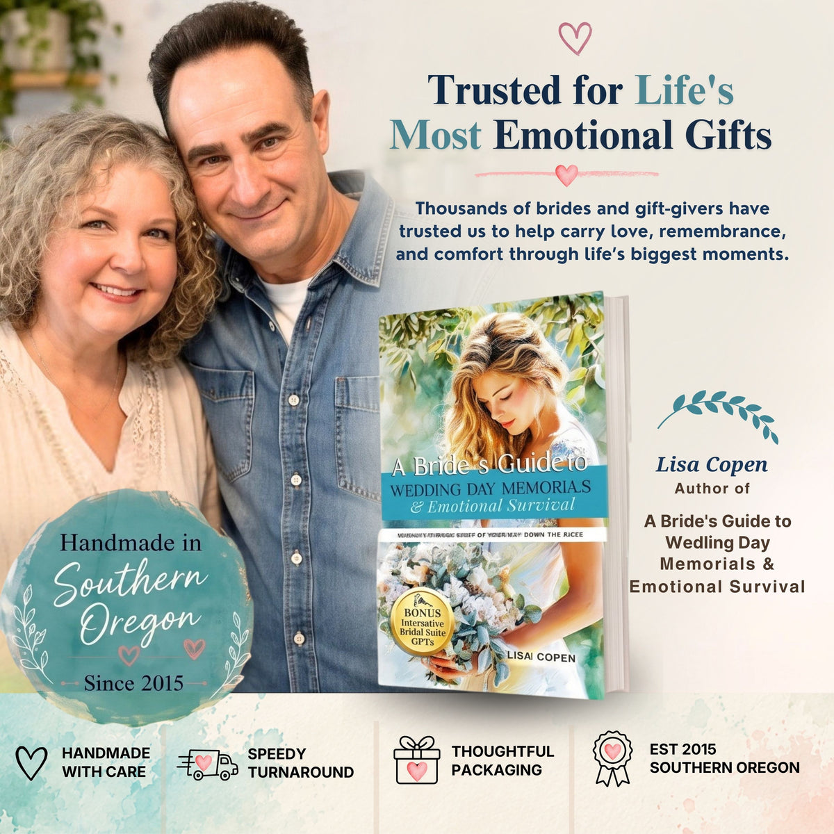 Lisa and Joel of Gutsy Goodness beside Lisa's book 'A Bride’s Guide to Wedding Day Memorials and Emotional Survival.'
