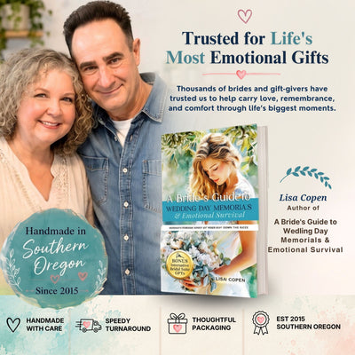 Lisa and Joel of Gutsy Goodness beside Lisa's book 'A Bride’s Guide to Wedding Day Memorials and Emotional Survival.'