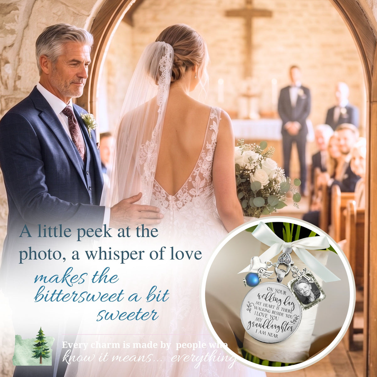 A wedding-themed product collage showing a bride and groom in an arched aisle, with a circular inset displaying a personalized baby keepsake jar charm. The charm has a white tag reading 'I love you most dearly sweetheart & mom' with silver charms and a white ribbon.
