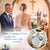 A wedding-themed product collage showing a bride and groom in an arched aisle, with a circular inset displaying a personalized baby keepsake jar charm. The charm has a white tag reading 'I love you most dearly sweetheart & mom' with silver charms and a white ribbon.
