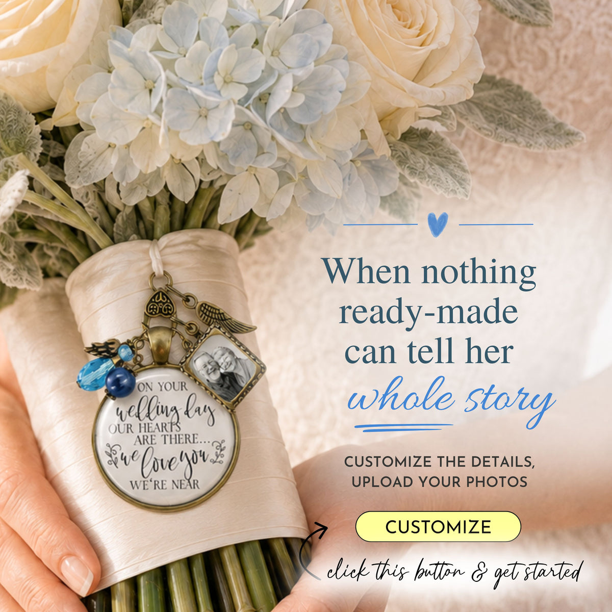 Customizable bridal bouquet memorial charm on white satin ribbon featuring a personalized grandparents photo frame, etched quote pendant, angel wing, and blue crystal bead charms with text highlighting full customization.